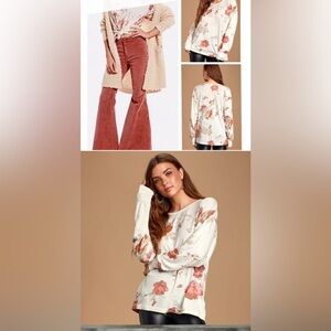 We The Free Cream and Pink Long Sleeve Blouse
